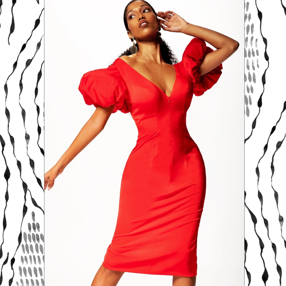 Andrea Iyamah red, silk, puff sleeve, midi, armada dress sz m